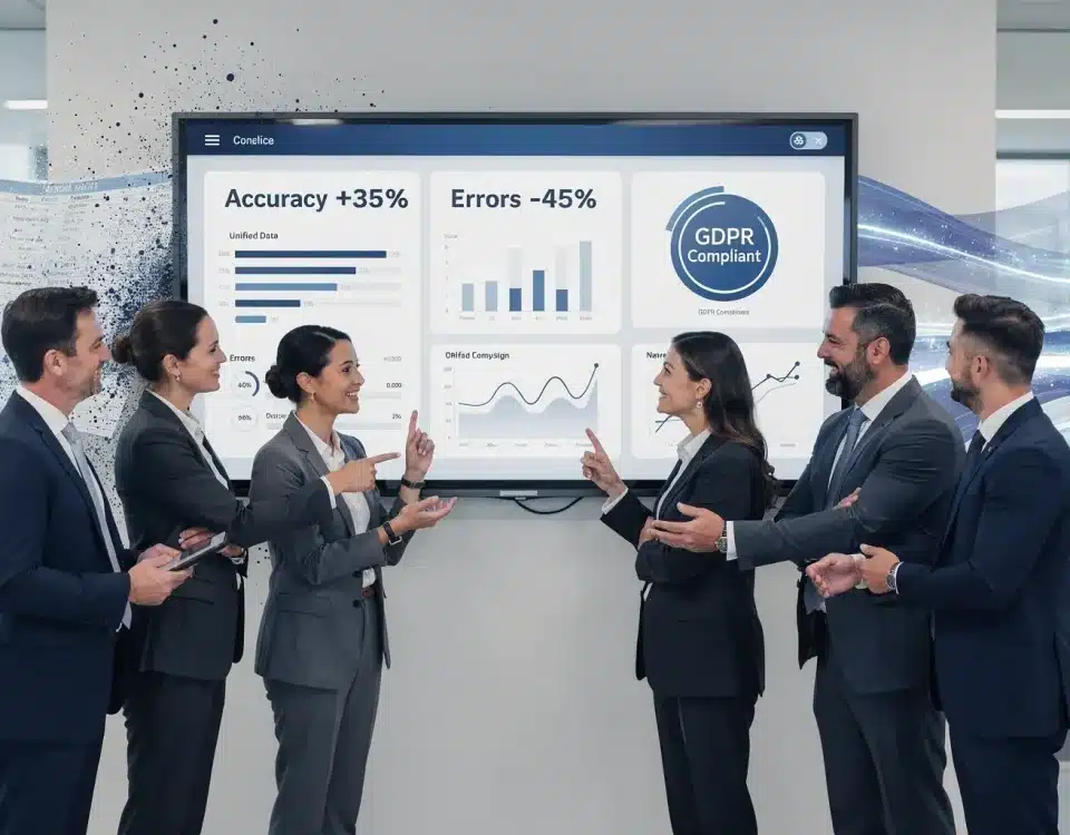 UK finance team reviewing clean data dashboard showing improved accuracy and reduced errors, representing database cleaning services for financial organisations