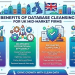 Infographic showing the key benefits of database cleansing services, including enhanced financial accuracy, operational efficiency, and compliance for UK mid-market companies