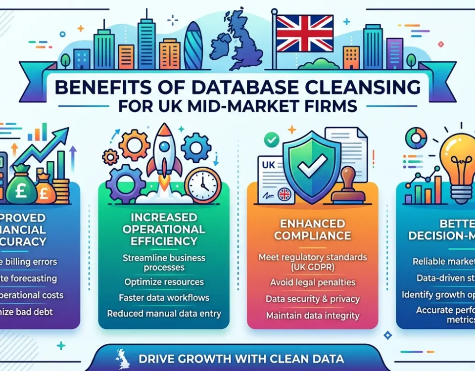 Infographic showing the key benefits of database cleansing services, including enhanced financial accuracy, operational efficiency, and compliance for UK mid-market companies
