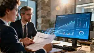 Finance team reviewing AI-powered dashboard showing forecasts and insights, representing ai implementation in daily life for UK businesse