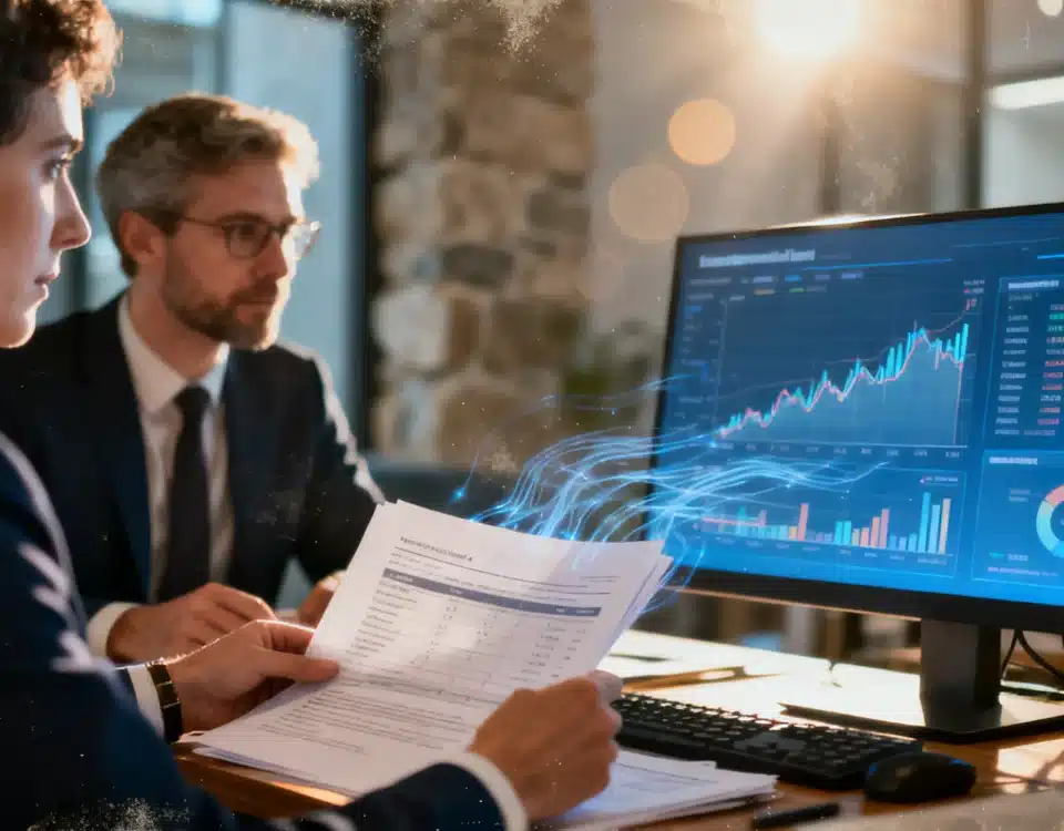 Finance team reviewing AI-powered dashboard showing forecasts and insights, representing ai implementation in daily life for UK businesse