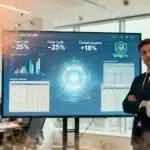 UK finance team reviewing unified data dashboard on large screen, representing data warehouse solutions for financial organisations