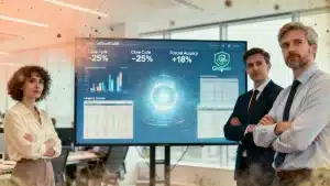 UK finance team reviewing unified data dashboard on large screen, representing data warehouse solutions for financial organisations