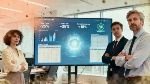 UK finance team reviewing unified data dashboard on large screen, representing data warehouse solutions for financial organisations
