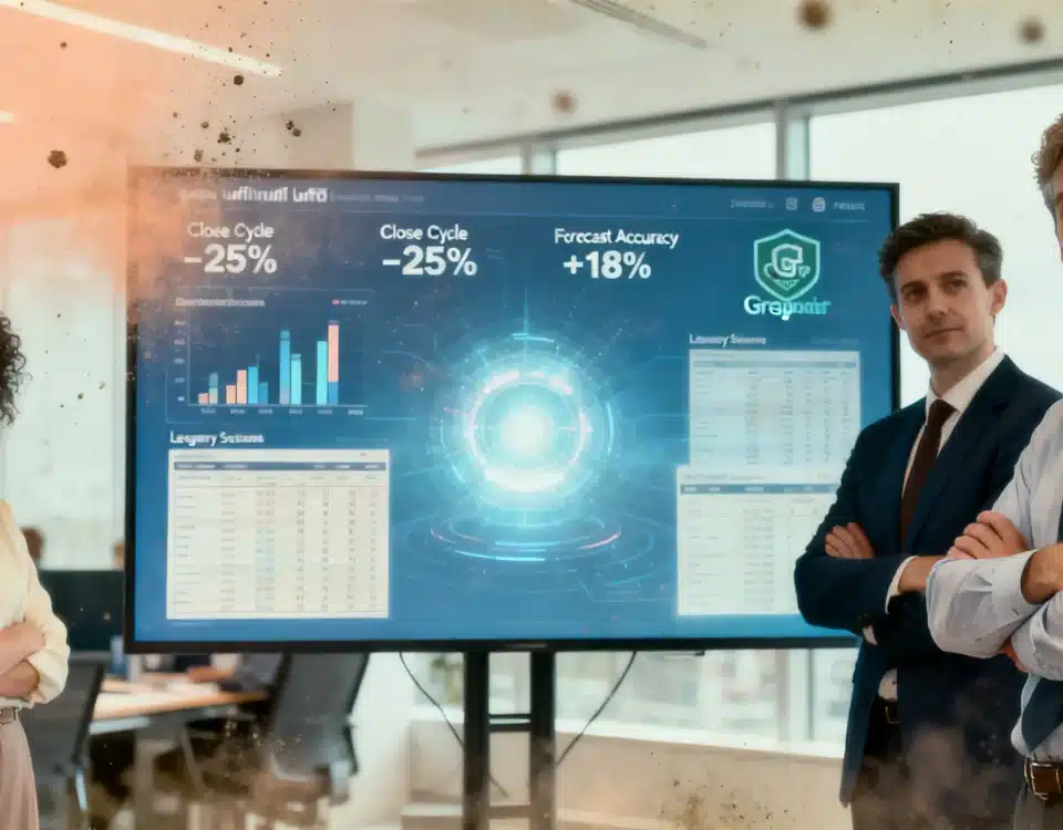 UK finance team reviewing unified data dashboard on large screen, representing data warehouse solutions for financial organisations