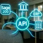 Diagram showing API integration connecting UK finance systems including Sage 200, banking platforms, and cloud ERP.