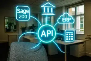 Diagram showing API integration connecting UK finance systems including Sage 200, banking platforms, and cloud ERP.