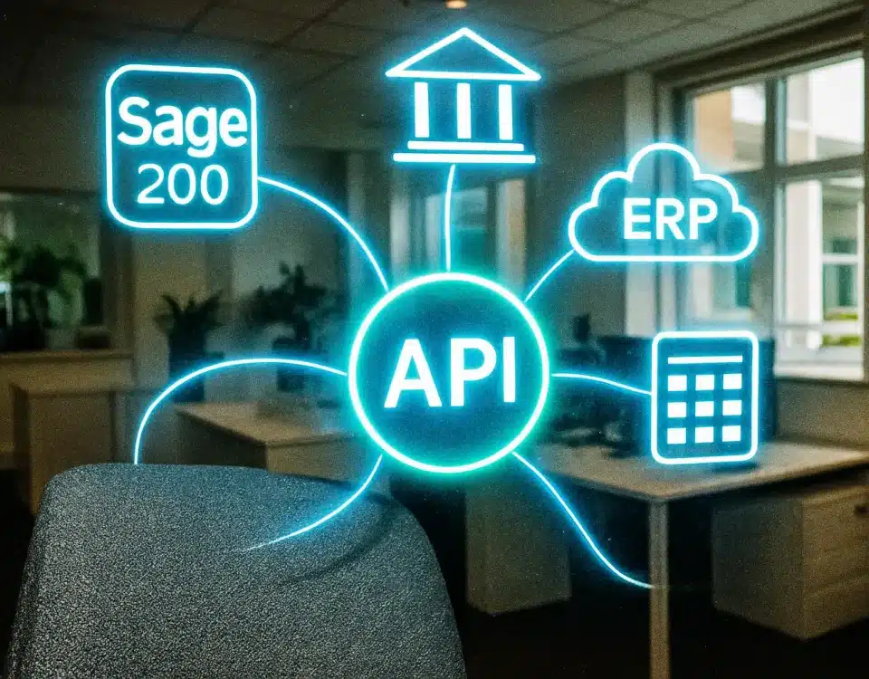 Diagram showing API integration connecting UK finance systems including Sage 200, banking platforms, and cloud ERP.