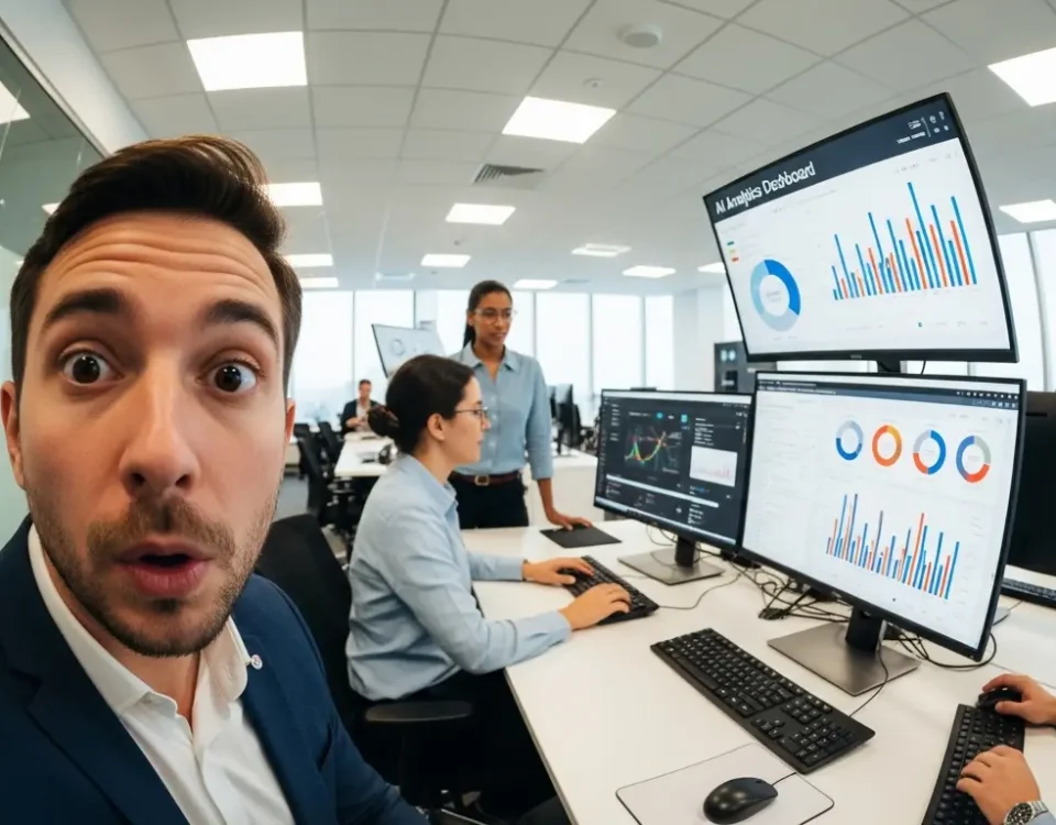 A diverse finance team collaborating with AI technology and business intelligence tools to enhance financial operations in a contemporary office environment.