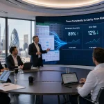 UK finance team reviewing a clean, unified data dashboard on a large screen, representing data cleansing services in action.