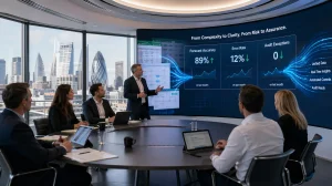 UK finance team reviewing a clean, unified data dashboard on a large screen, representing data cleansing services in action.