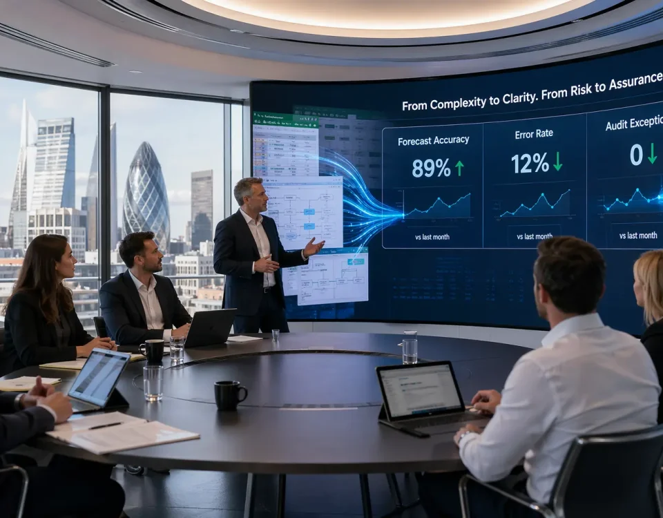 UK finance team reviewing a clean, unified data dashboard on a large screen, representing data cleansing services in action.