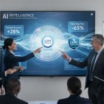 UK finance team reviewing AI intelligence dashboard showing forecasts and anomaly detection, representing AI-powered business intelligence for financial organisations.