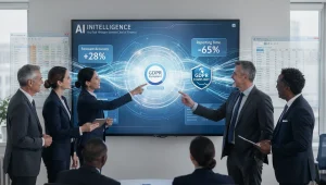 UK finance team reviewing AI intelligence dashboard showing forecasts and anomaly detection, representing AI-powered business intelligence for financial organisations.