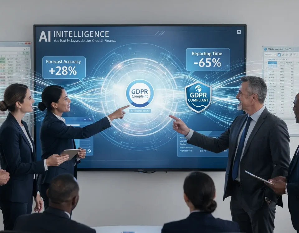 UK finance team reviewing AI intelligence dashboard showing forecasts and anomaly detection, representing AI-powered business intelligence for financial organisations.