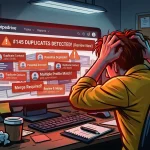 Frustrated sales manager pulling hair out while looking at a Pipedrive CRM dashboard full of duplicate contact alerts, representing the problem of pipedrive contact duplicates.