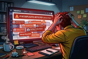 Frustrated sales manager pulling hair out while looking at a Pipedrive CRM dashboard full of duplicate contact alerts, representing the problem of pipedrive contact duplicates.