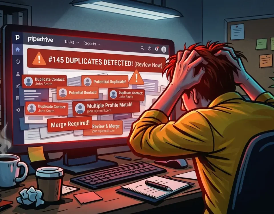 Frustrated sales manager pulling hair out while looking at a Pipedrive CRM dashboard full of duplicate contact alerts, representing the problem of pipedrive contact duplicates.