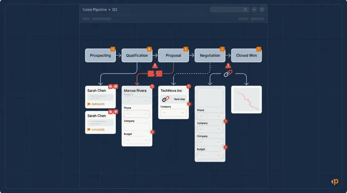 Sales pipeline with five warning signs representing poor Pipedrive data quality including duplicate contacts and missing fields