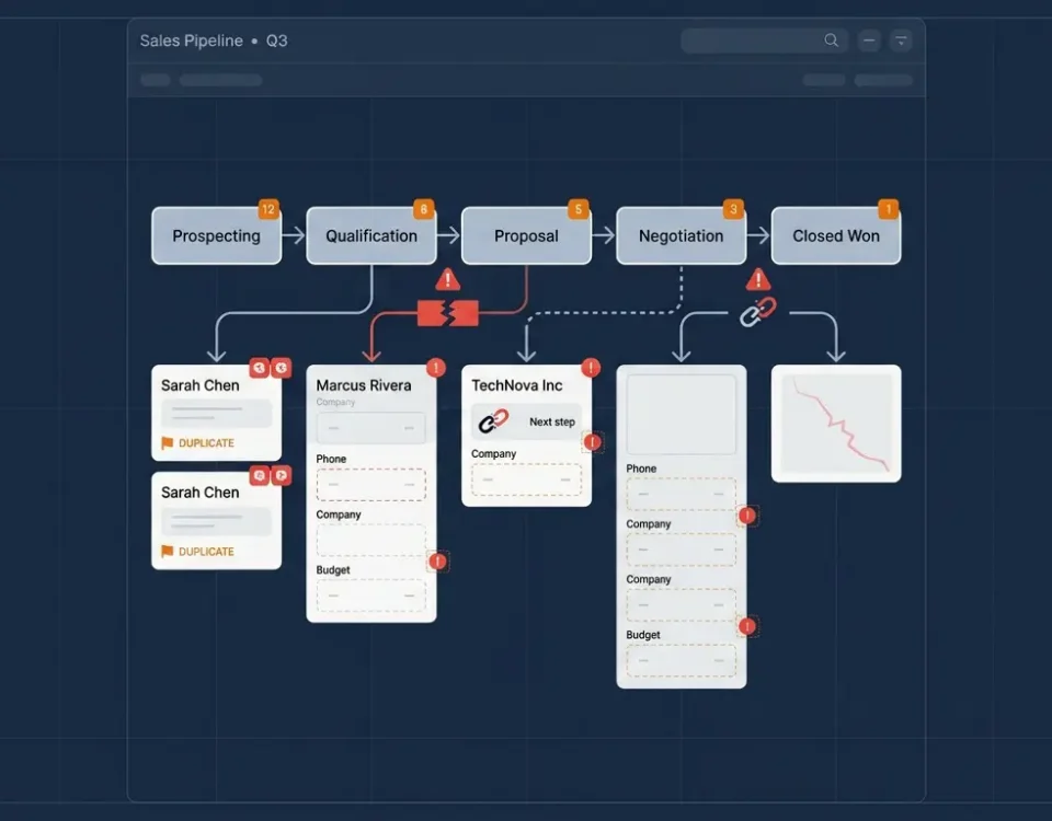 Sales pipeline with five warning signs representing poor Pipedrive data quality including duplicate contacts and missing fields
