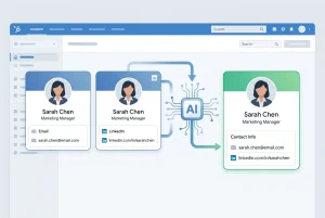 Two duplicate HubSpot contact records with different data fields being matched and merged by EazyMatch AI