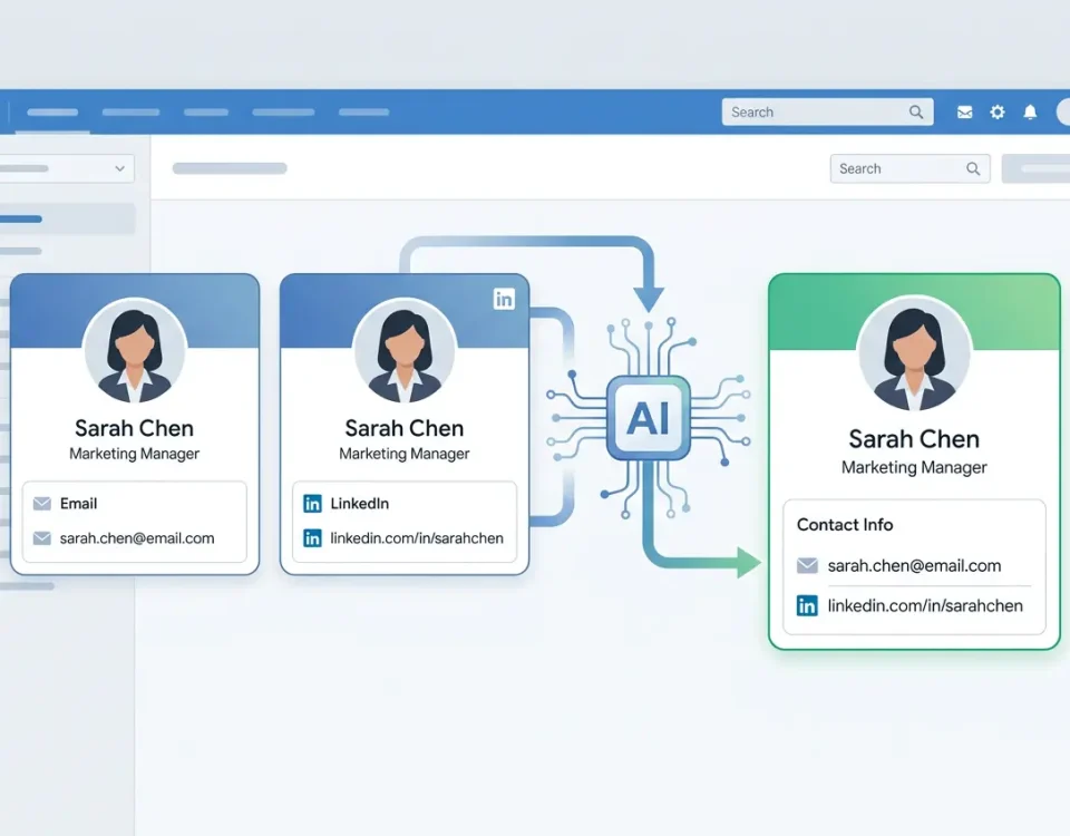 Two duplicate HubSpot contact records with different data fields being matched and merged by EazyMatch AI