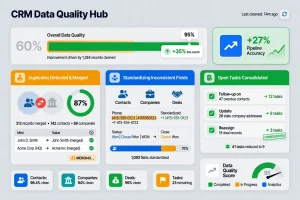 CRM data cleaning dashboard showing data quality metrics, duplicate contact consolidation, field standardization progress, and task management improvements for HubSpot and Pipedrive platforms.