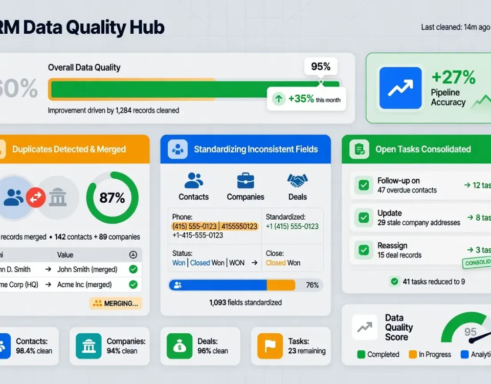 CRM data cleaning dashboard showing data quality metrics, duplicate contact consolidation, field standardization progress, and task management improvements for HubSpot and Pipedrive platforms.