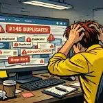 HubSpot CRM dashboard showing duplicate contact alerts, with EazyMatch AI interface merging records – representing the problem of hubspot duplicate contacts."