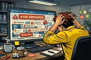 HubSpot CRM dashboard showing duplicate contact alerts, with EazyMatch AI interface merging records – representing the problem of hubspot duplicate contacts."