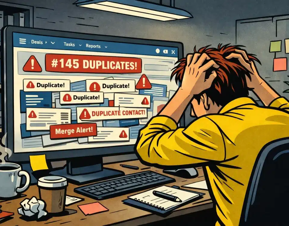 HubSpot CRM dashboard showing duplicate contact alerts, with EazyMatch AI interface merging records – representing the problem of hubspot duplicate contacts."