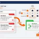 Visual representation of Pipedrive CRM duplicate contact deduplication process, showing duplicate records being merged with AI-powered matching algorithms highlighted in green.