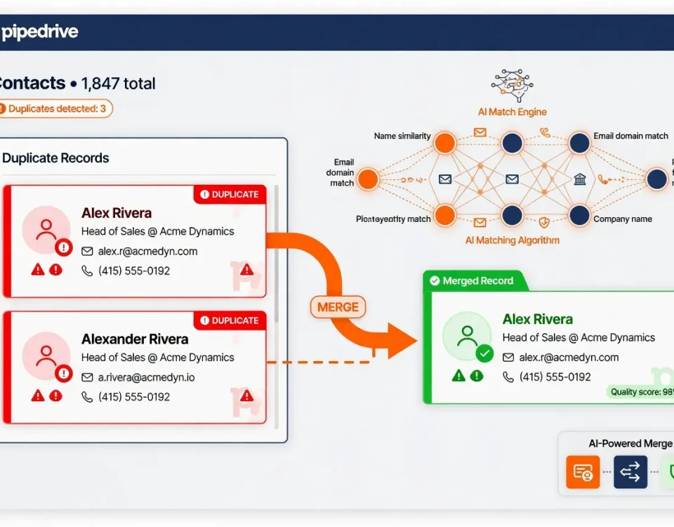 Visual representation of Pipedrive CRM duplicate contact deduplication process, showing duplicate records being merged with AI-powered matching algorithms highlighted in green.