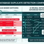 Comparison diagram showing AI data matching CRM tools catching multi-field duplicates versus rule-based deduplication missing them