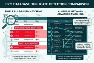 Comparison diagram showing AI data matching CRM tools catching multi-field duplicates versus rule-based deduplication missing them
