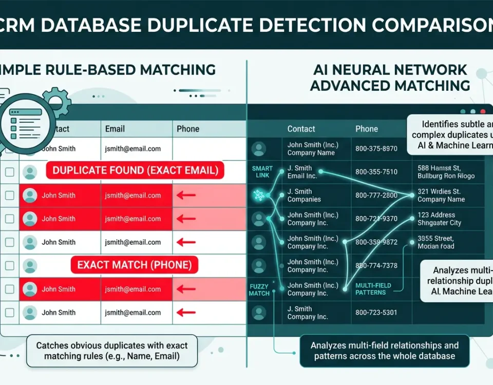 Comparison diagram showing AI data matching CRM tools catching multi-field duplicates versus rule-based deduplication missing them