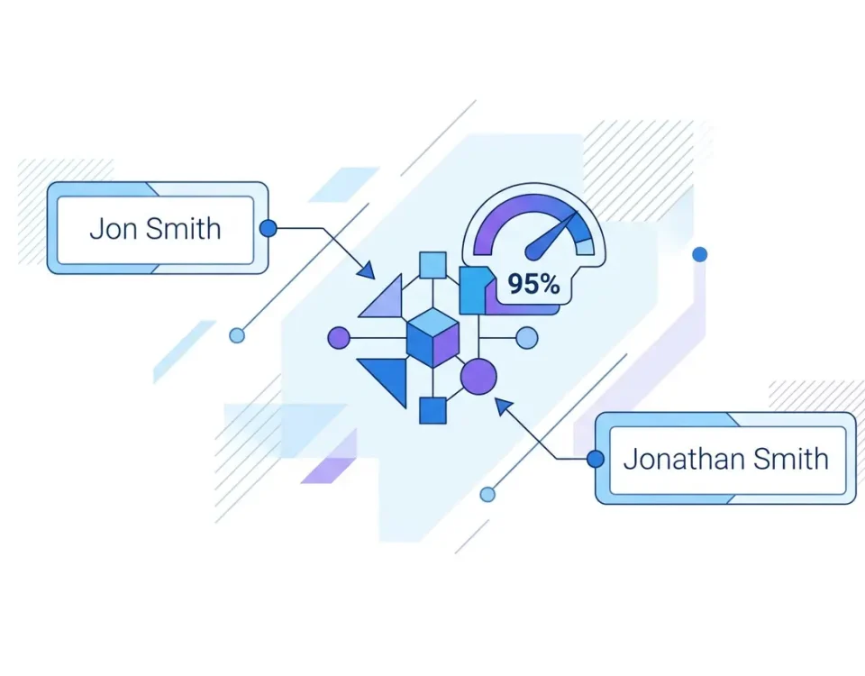 Diagram showing fuzzy matching CRM — comparing similar name variants like Jon Smith and Jonathan Smith in a deduplication system