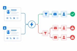 CRM automation workflow breaking due to duplicate contact records triggering the same sequence twice, shown as a flat-design error diagram