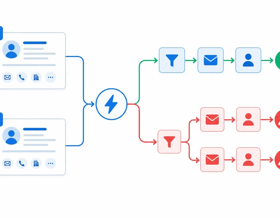 CRM automation workflow breaking due to duplicate contact records triggering the same sequence twice, shown as a flat-design error diagram