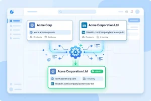 Two HubSpot duplicate company records with different names being matched and merged by EazyMatch AI using LinkedIn URL and website domain