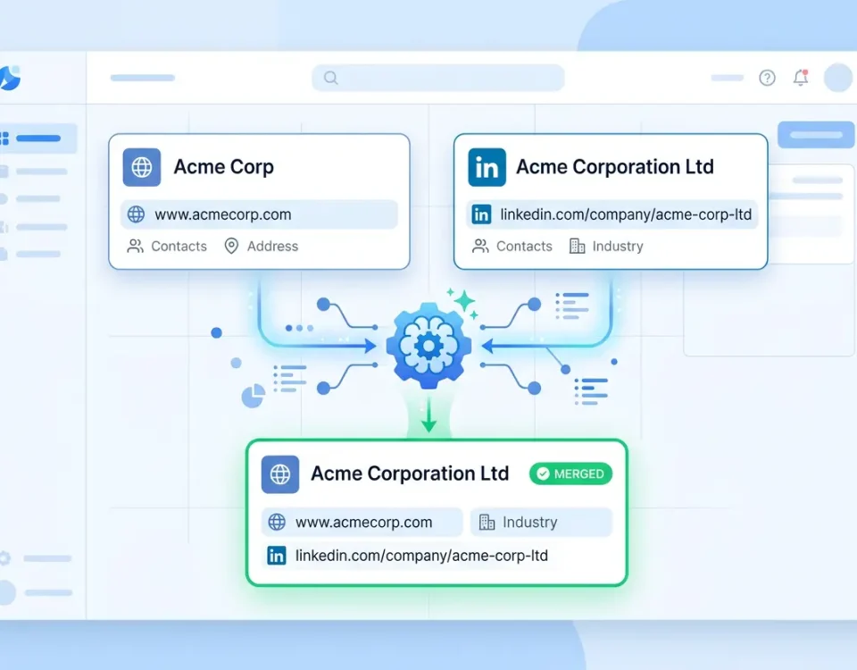 Two HubSpot duplicate company records with different names being matched and merged by EazyMatch AI using LinkedIn URL and website domain