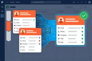 Two duplicate Pipedrive contact records with deal history being safely merged by EazyMatch AI