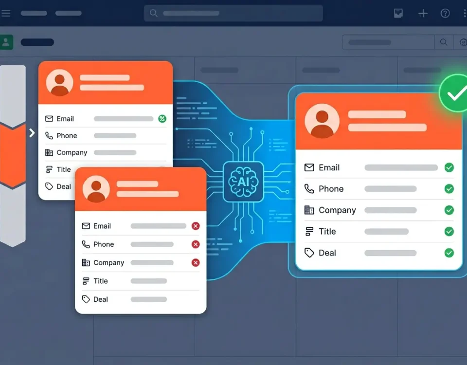 Two duplicate Pipedrive contact records with deal history being safely merged by EazyMatch AI