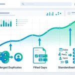 CRM data deduplication best practices dashboard showing database quality score improving as duplicates are merged over time