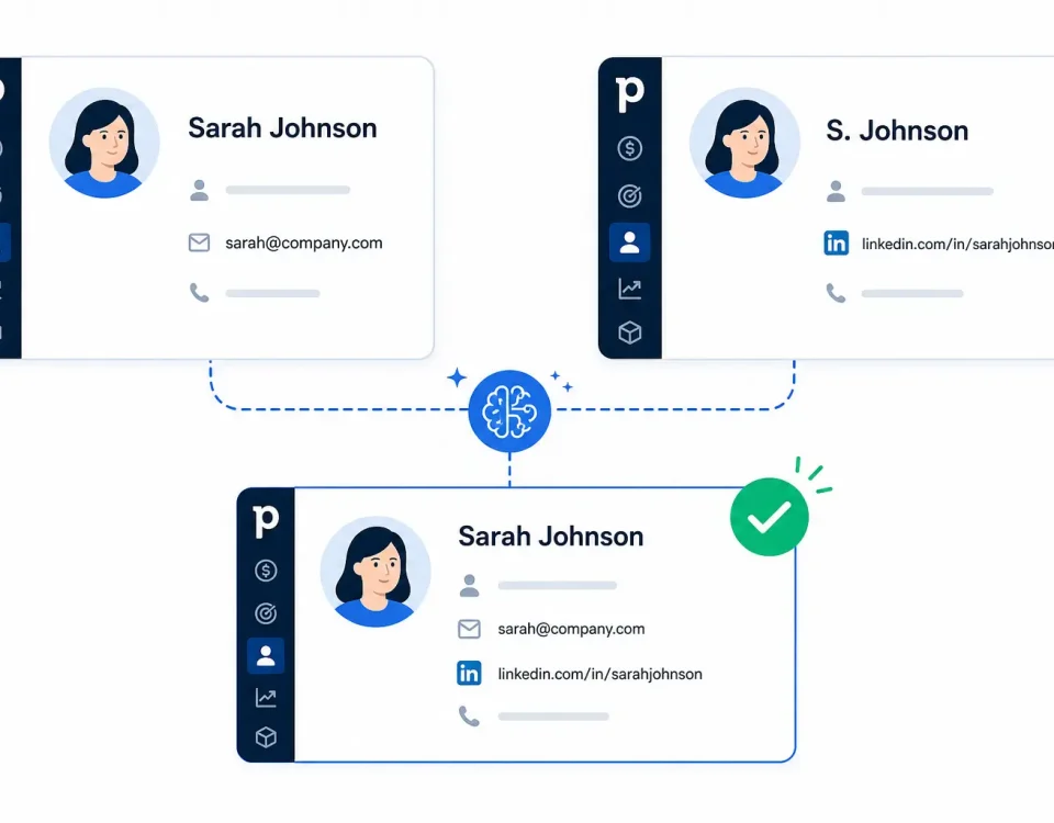 Two Pipedrive duplicate contact records -one with email, one with LinkedIn URL — being matched and merged using Pipedrive merge contacts and EazyMatch AI