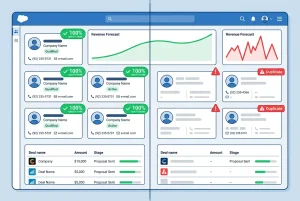 Split dashboard comparing high CRM data quality with clean records against low CRM data quality causing forecast errors