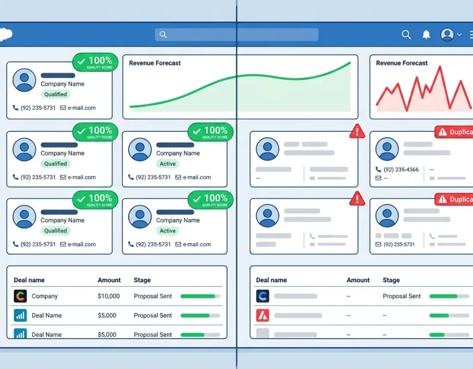 Split dashboard comparing high CRM data quality with clean records against low CRM data quality causing forecast errors