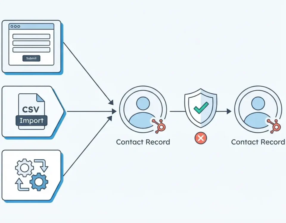 Diagram showing how to prevent duplicates HubSpot contacts using form and import deduplication settings before records are created