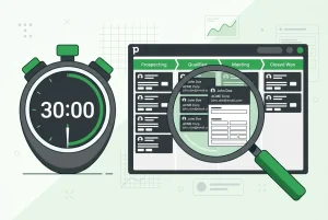 Pipedrive data quality audit showing a stopwatch and magnifying glass reviewing duplicate contact records on a pipeline board