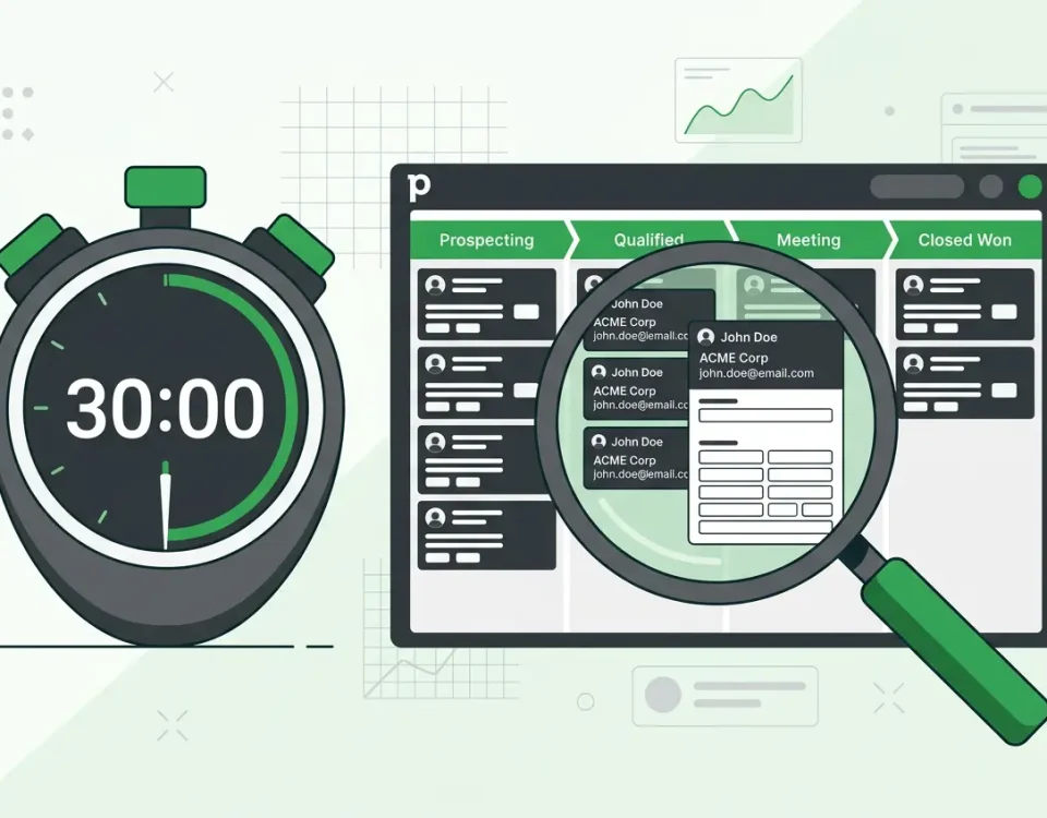 Pipedrive data quality audit showing a stopwatch and magnifying glass reviewing duplicate contact records on a pipeline board